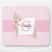 Tapis De Souris Fleurs roses et vertes et monogramme rayé (Devant)