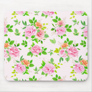 Tapis De Souris Fleurs Roses florales avec Motif Feuille vert
