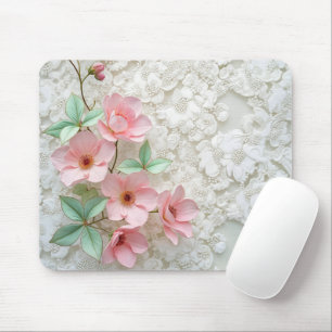 Tapis De Souris Fleurs Roses Sur Dentelle Bridale Blanche