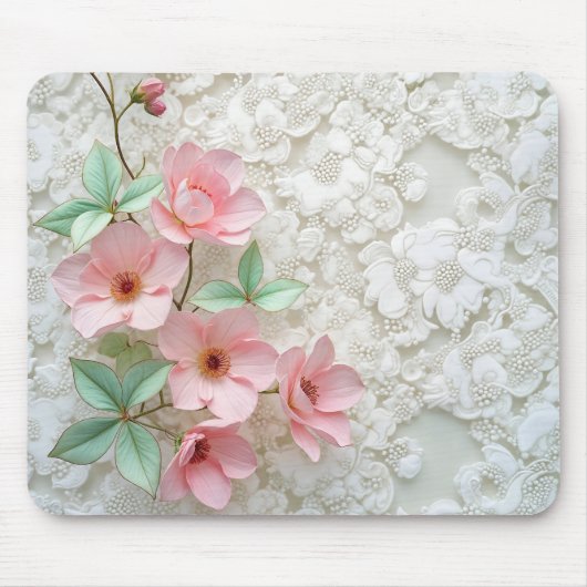 Tapis De Souris Fleurs Roses Sur Dentelle Bridale Blanche (Devant)