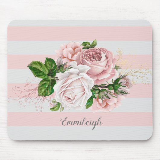 Tapis De Souris Fleurs roses vintage rayées (Devant)