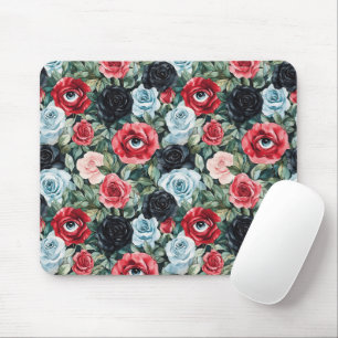 Tapis De Souris Fleurs rouges bleues noires avec des yeux
