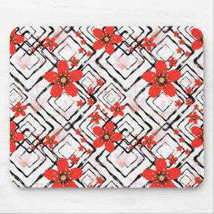 Tapis De Souris Fleurs rouges sur un arrière - plan blanc et noir.