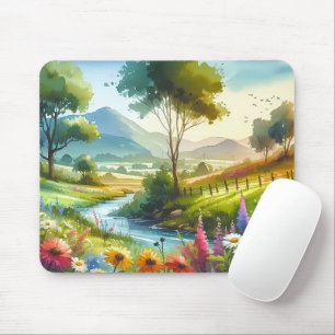 Tapis De Souris Fleurs sauvages et ruisseau dans la vallée printan