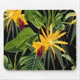 Tapis De Souris Fleurs tropicales et feuilles de palmiers.