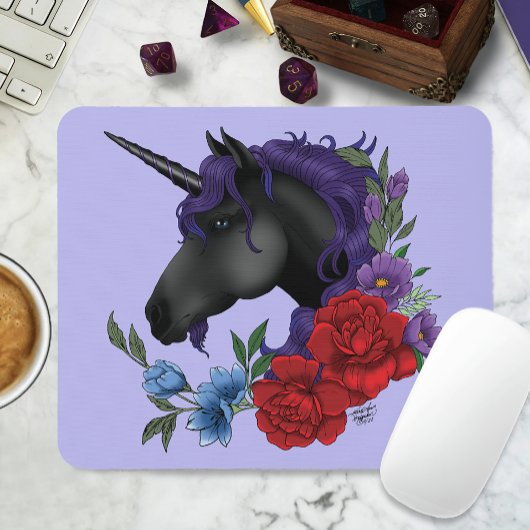 Tapis De Souris Fleurs Unicorne Noire violet
