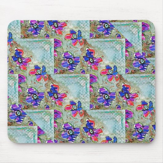 Tapis De Souris Fleurs violettes et bleues Carrés Zigzags (Devant)