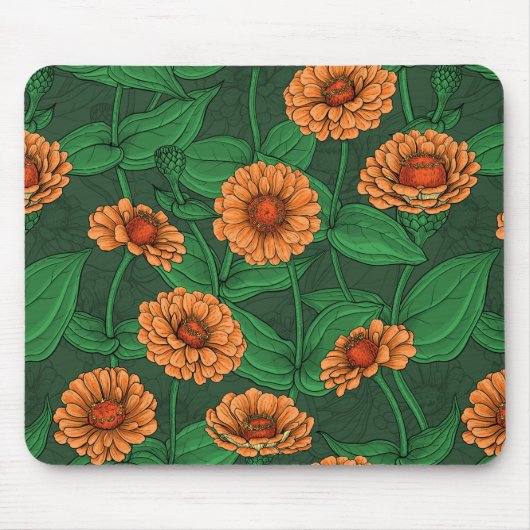 Tapis De Souris Fleurs Zinnia orange, feuilles verts sur vert fonc (Devant)