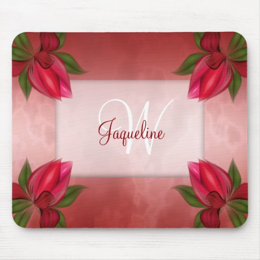 Tapis De Souris Floral de marbre rouge de monogramme (Devant)