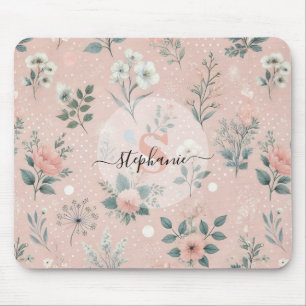 Tapis De Souris Floral rose rustique avec fleurs blanches et verdu