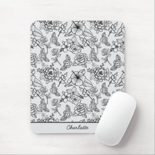 Tapis De Souris Floral sans couture motif noir & blanc personnalis