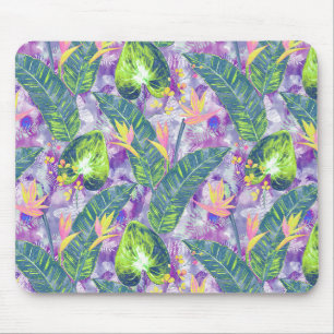 Tapis De Souris Floral tropical, Botanique, lilas, vert, rose, fl