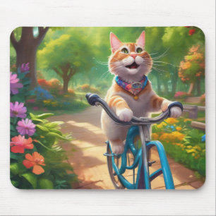 Tapis De Souris Florales colorées avec chat sur la souris à vélo
