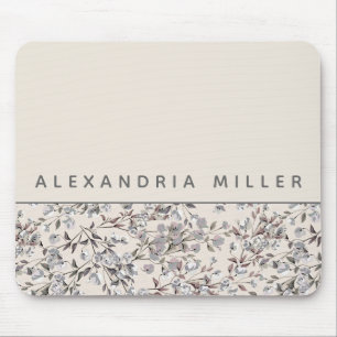 Tapis De Souris Flore de lin beige   Nom personnalisé