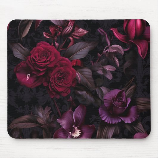 Tapis De Souris Flore foncé Moody Élégant Noir & Bourgogne (Devant)
