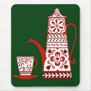 Tapis De Souris Folk rouge, délicieux, cafetière/théière et tasse