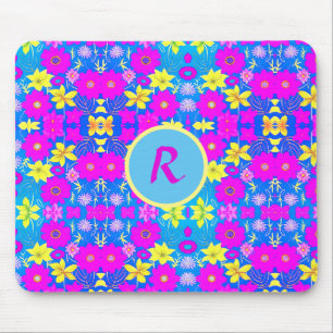 Tapis De Souris Fond à motif de fleurs rose bleu jaune ajouter nom