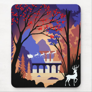 Tapis De Souris Forêt de Crépuscule Noël Traîneau du Père Noël