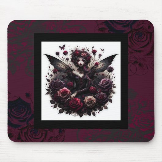 Tapis De Souris Forêt gothique foncée Fée Florale Rose Bourgogne (Devant)