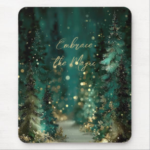 Tapis De Souris Forêt verte sarcelle magique or bokeh