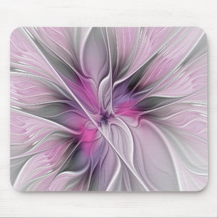 Tapis De Souris Fractal Floral Moderne Abstrait Fleur Rose Gris