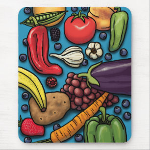 Tapis De Souris Fruits et légumes colorés en bleu