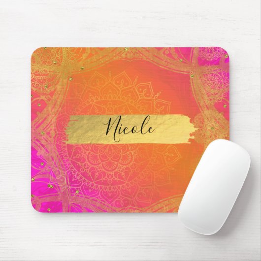 Tapis De Souris Fuchsia Pink Orange & Gold Indian Mandala Glam (Avec souris)