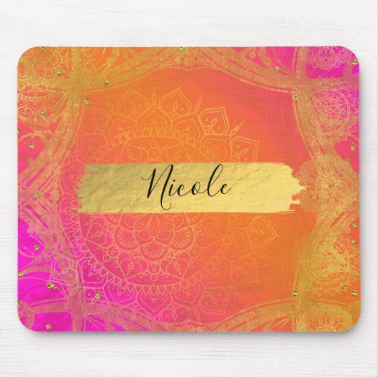 Tapis De Souris Fuchsia Pink Orange & Gold Indian Mandala Glam (Devant)