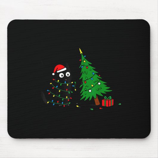 Tapis De Souris Funny Black Cat Pushing 67 Christmas Tree Over Cat (Devant)