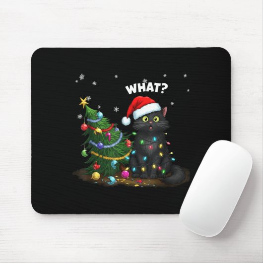 Tapis De Souris Funny Black Cat Pushing Christmas Tree  (Avec souris)
