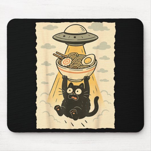Tapis De Souris Funny Black Cat Ufo Ramen Alien Abduction Graphic (Devant)