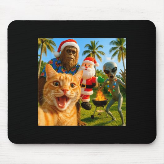 Tapis De Souris Funny Christmas Cat Selfie With Bigfoot & Alie (Devant)