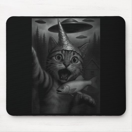 Tapis De Souris Funny Consracy Cat In Tin Foil Hat Panics At Alien (Devant)