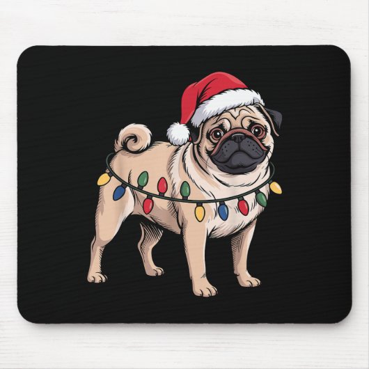 Tapis De Souris Funny Pug Christmas Santa Hat Xmas Lights  (Devant)