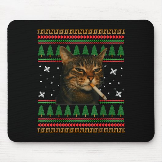 Tapis De Souris Funny Smoking Cat Meme Christmas Ugly Sweater Cat (Devant)