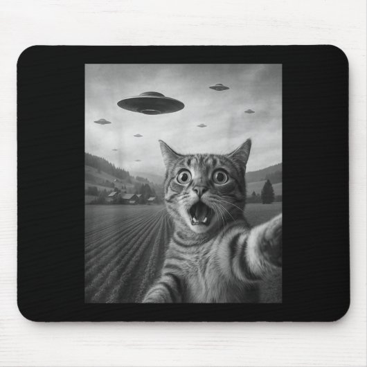Tapis De Souris Funny Surprised Ed Cat Selfie With Alien Ufo Cat U (Devant)