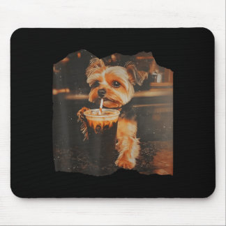 Tapis De Souris Funny Yorkie Drinking Iced Coffee Cute Dog Meme