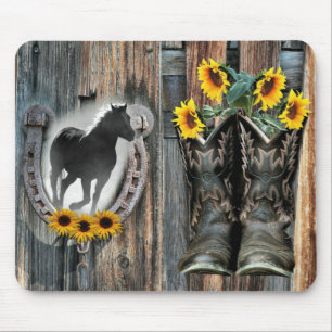 Tapis De Souris Galloping Horse Cowboy Boots Horseshoe Sunflowers