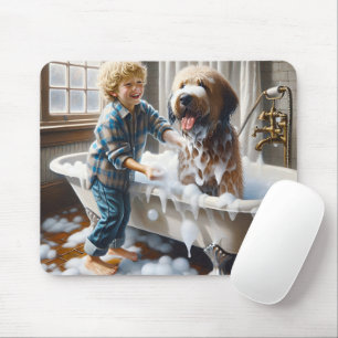 Tapis De Souris Garçon donnant un bain à son chien hirsute