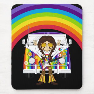 Tapis De Souris Garçon hippie avec la guitare et camping-car