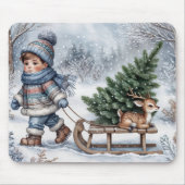 Tapis De Souris Garçon tirant un traîneau à l'ancienne avec arbre (Devant)