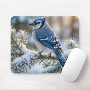 Tapis De Souris Geai bleu perché sur un pin enneigé