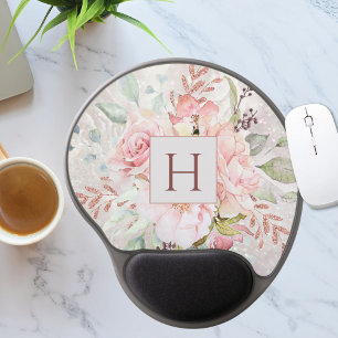 Tapis De Souris Gel Monogramme Elégant rose Peony Floral Marbre