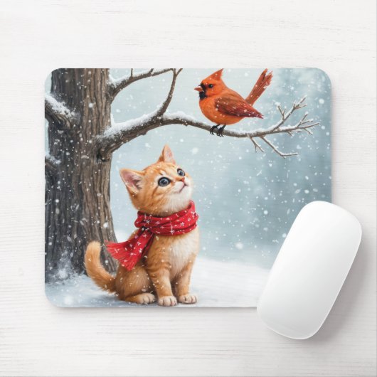 Tapis De Souris Ginger Kitty regarde un cardinal (Avec souris)