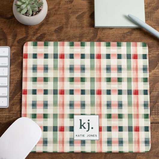 Tapis De Souris Gingham Monogramme Émeraude Douce