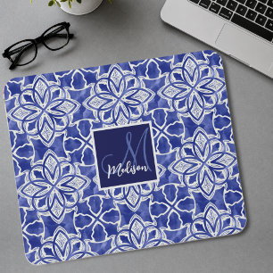 Tapis De Souris Girly bleu gris élégant monogrammé initiales