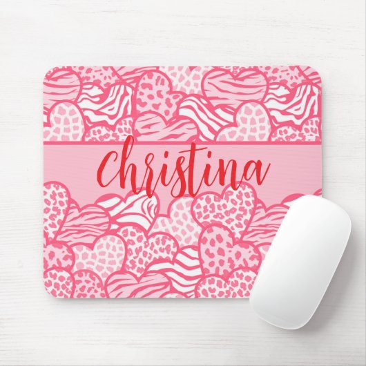 Tapis De Souris Girly Blush Rose mignon Animal Imprimer Coeurs Nom (Avec souris)