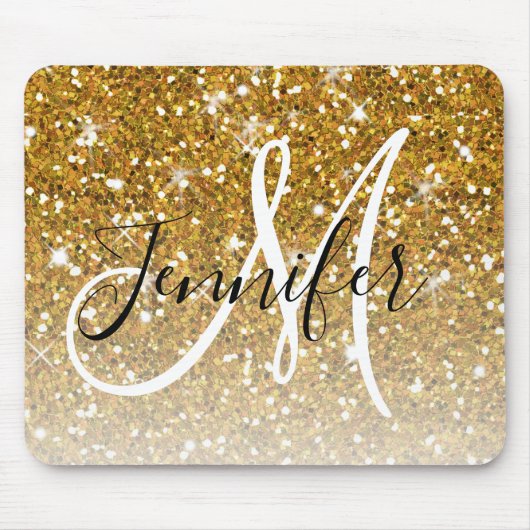 Tapis De Souris Girly Glam Or Glitter Paillettes Monogramme Nom (Devant)