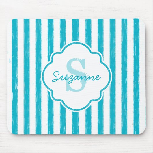 Tapis De Souris Girly Turquoise Peint Stripes Monogramme et nom (Devant)