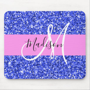 Tapis De Souris Glam Bleu Foncé Rose Paillettes Paillettes Monogra